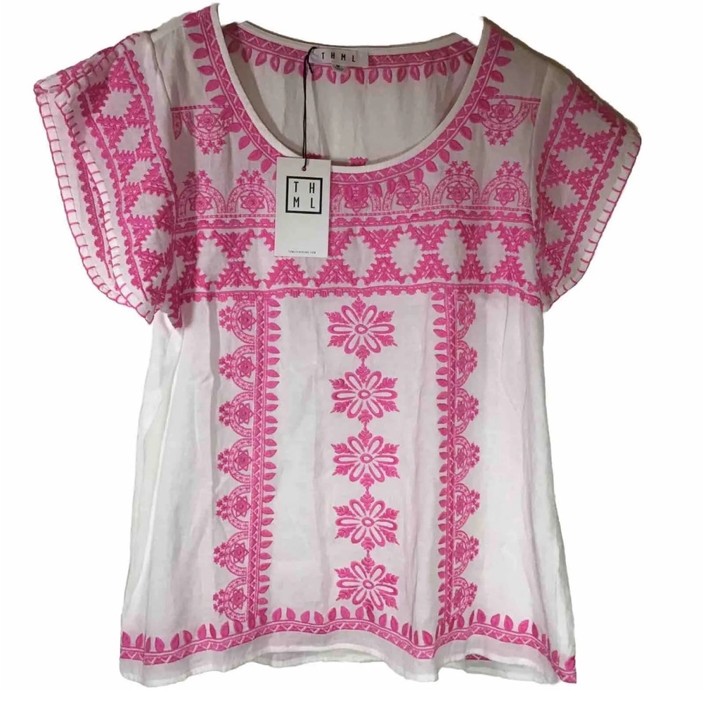 New w/tags THML Shirt Top Size Medium Bohemian Peasant Pink White Embroidered